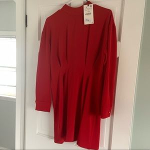 Zara Red Pleated Mini Dress Long Sleeves